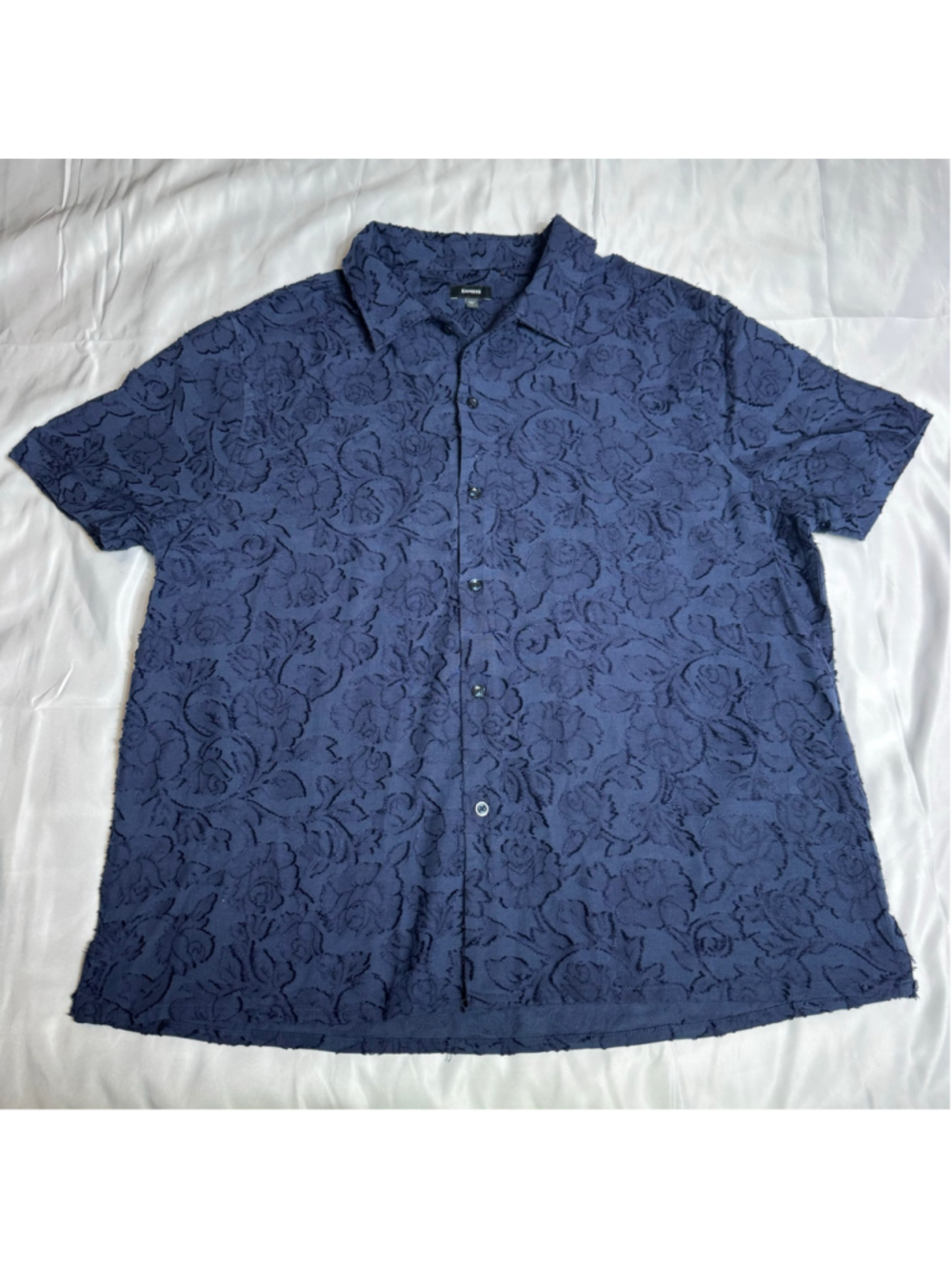 Men's Express Casual Button Down Shirt, Size L, Blue Floral Texture